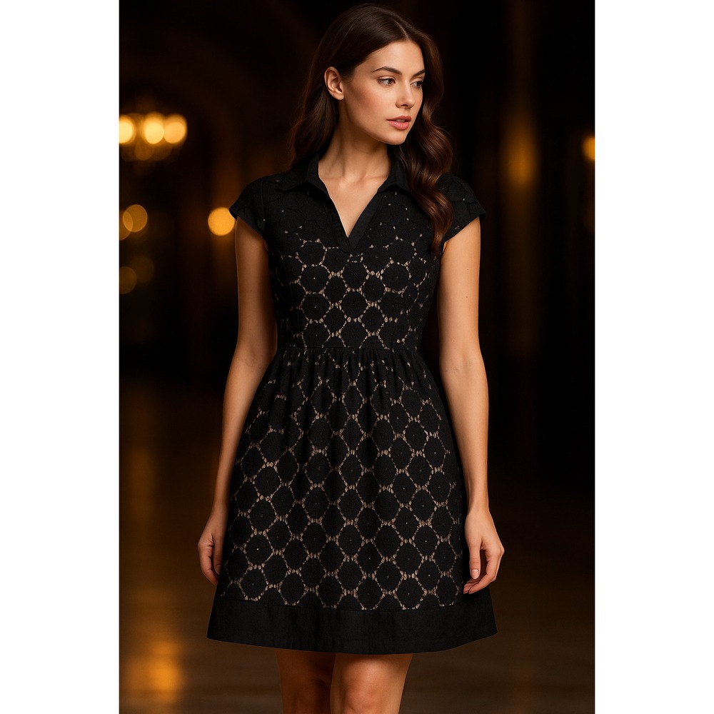 Black Eyelet Fit-and-Flare Collared Dress